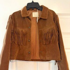 Rylee + Cru Tan girls Cropped Button Front Faux Suede Fringe Jacket western